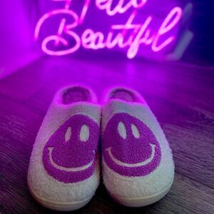 Purple Smiley Face Happy Feet Cozy Slippers